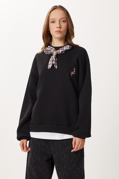 Lovelyİstanbul Πλεκτό φούτερ επένδυση fleece με λεπτομέρεια φουλάρι LPX0005 ΜΑΥΡΟ