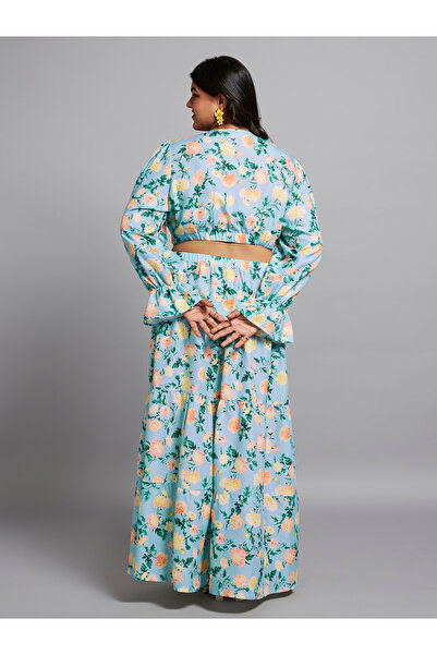 Globus By Styli Plus Size Blue Floral Print Maxi Dress