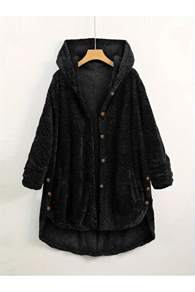 Take Two By Styli Plus Size Fleece Button-Front Hooded Coat