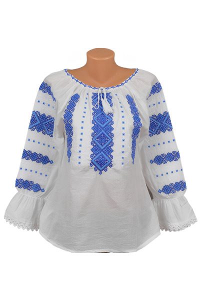 Inovius Bluza Tip Ie Traditionala Alba cu Motiv Geometric Albastru de Dama - ...