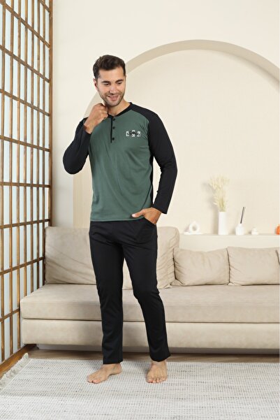 LİLA İÇ GİYİM Men's Combed Cotton Pocketed Pajama Set - Green