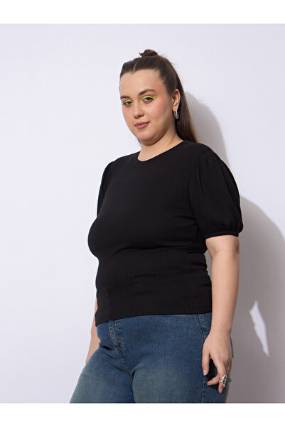Sassafras By Styli Plus Size Black Ribbed Top with Puff Sleeves