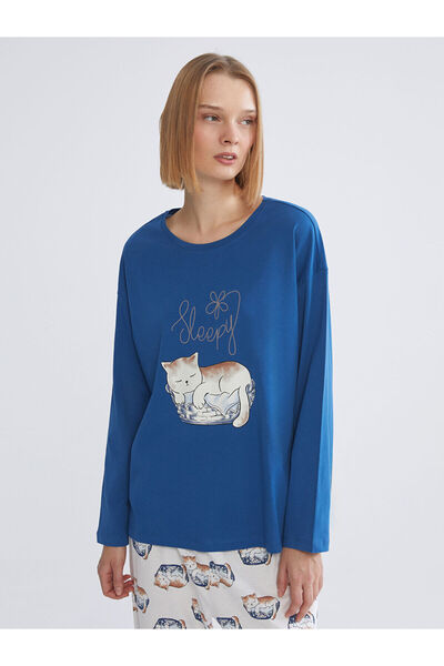 LC Waikiki Özmarka New Season Crew Neck Cat Printed Women's Pajama Set