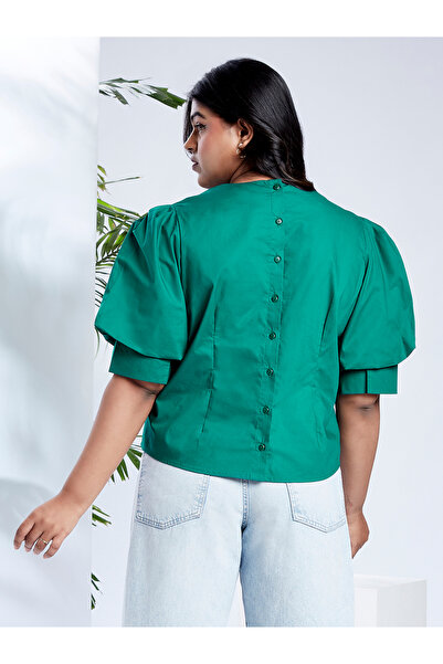 Globus By Styli Plus Size Emerald Green Top with Puff Sleeves