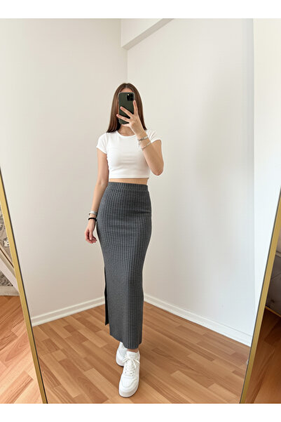 FOORS High Waist Slit Knitwear Corded Fabric Skirt