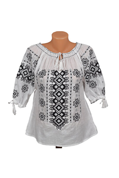 Inovius Ie Traditionala Alba cu Motiv Geometric Negru- IML13 XL