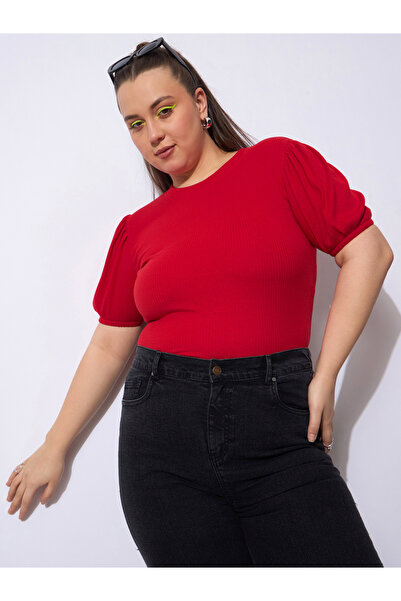 Sassafras By Styli Plus Size Red Ribbed Top with Puff Sleeves
