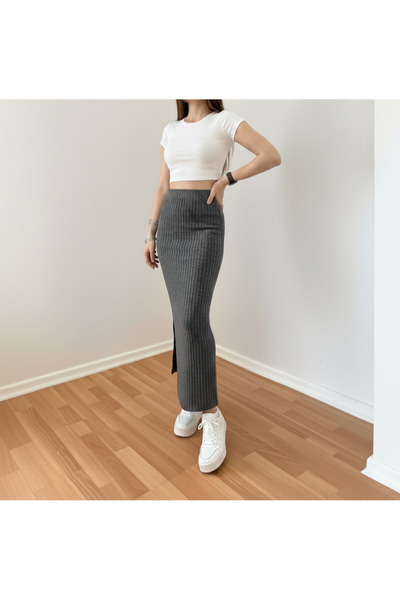 FOORS High Waist Slit Knitwear Corded Fabric Skirt