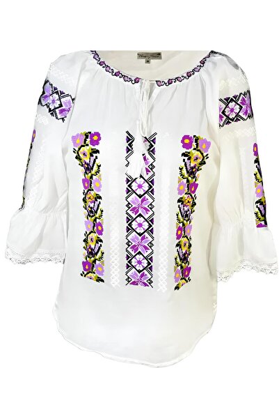 Inovius Ie Traditionala Alba cu Motiv Floral Mov de Dama - IMS06 3XL