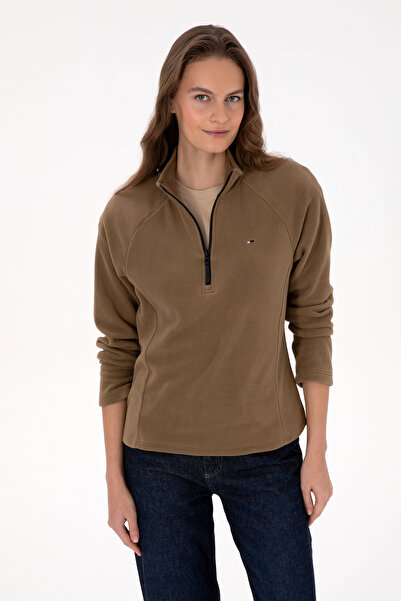 U.S. Polo Assn. Kadın Haki Fermuarlı Dik Yaka Polar Sweatshirt 50316714-VR027