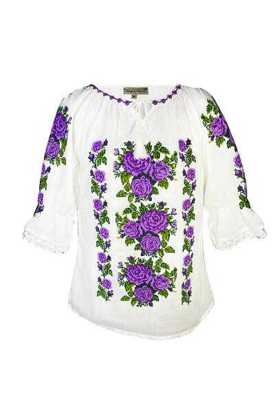 Inovius Bluza Tip Ie Traditionala Alba cu Motiv Floral Mov de Dama - IMS90 L