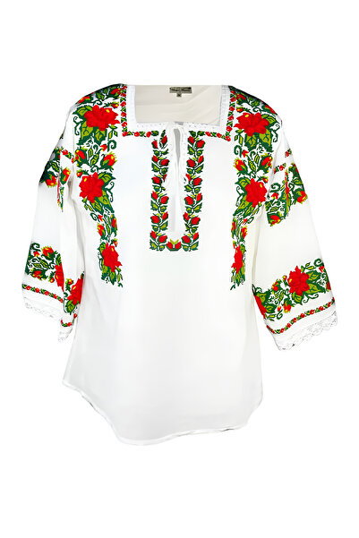 Inovius Bluza Tip Ie Alba cu Motiv Floral Rosu - BMG25 M