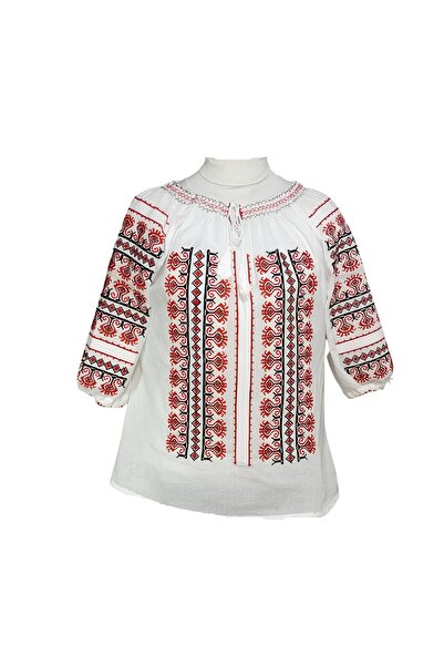 Inovius Bluza Tip Ie Traditionala Alba cu Motiv Geometric Rosu de Dama - IMS1...