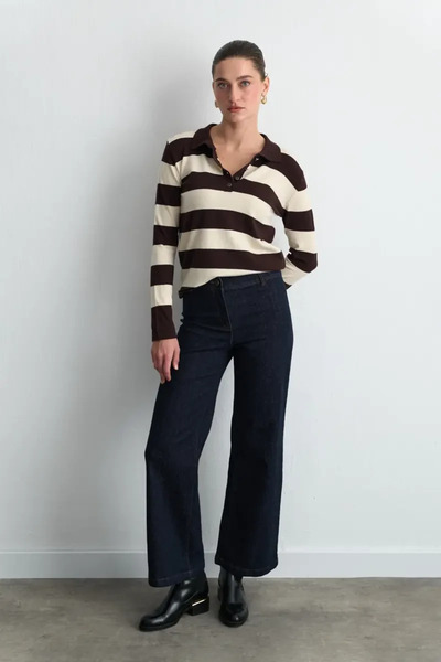 Gusto Polo Neck Striped Knit Blouse - Brown