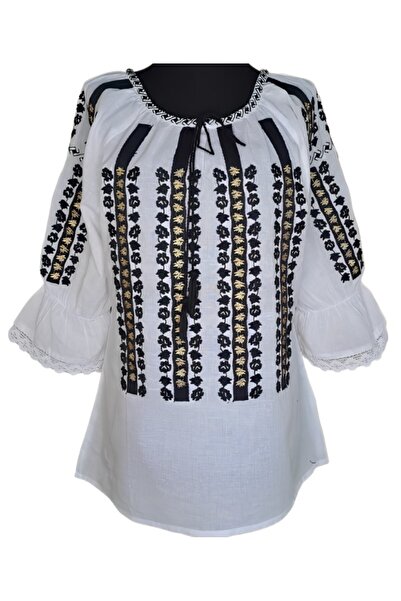 Inovius Bluza Tip Ie Traditionala Alba cu Motiv Floral Auriu de Dama - IMS36 3XL