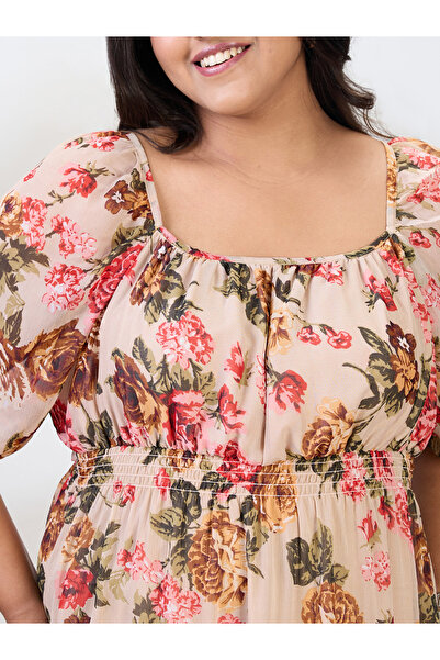 Globus By Styli Plus Size Beige Floral Print Midi Dress