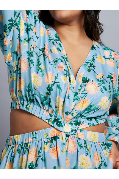 Globus By Styli Plus Size Blue Floral Print Maxi Dress