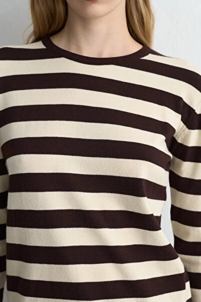 Gusto Ριγέ Βασική Πλεκτή Μπλούζα - Καφέ