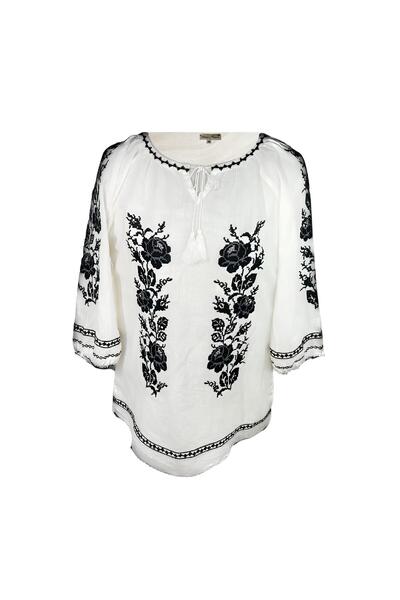 Inovius Bluza Tip Ie Traditionala Alba cu Motiv Floral Negru de Dama - IMS119 L