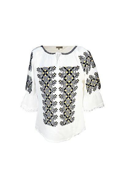 Inovius Bluza Tip Ie Traditionala Alba cu Motiv Geometric Negru de Dama - IMS...