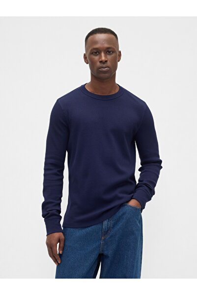 GAP Erkek Lacivert Waffle-Knit Bisiklet Yaka T-Shirt
