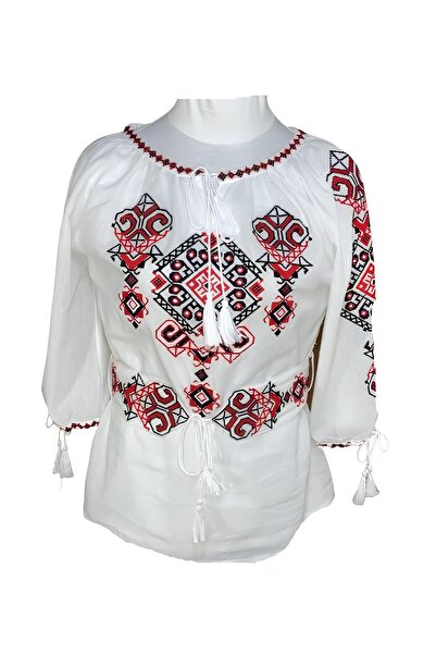 Inovius Bluza Tip Ie Traditionala Alba cu Motiv Geometric Rosu de Dama - IMS89 S