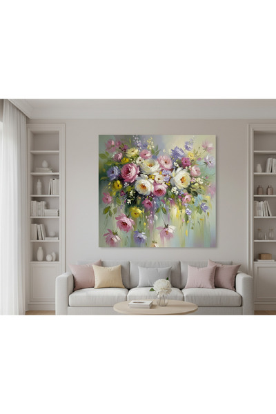 hollywest Yağlı Boya Efektli Çiçekler Kanvas Tablo,Pastel Gül Tablosu ,Romantik Pembe ve Beyaz Güller Tablo