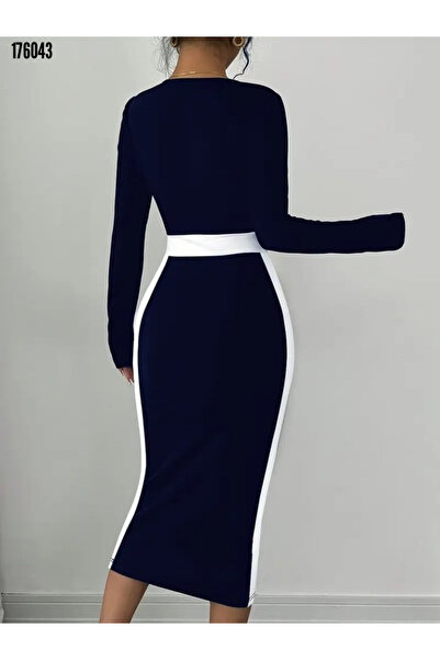 moda wanilia Жіноче плаття середньої довжини з геометричним коміром і довгими рукавами з крепу