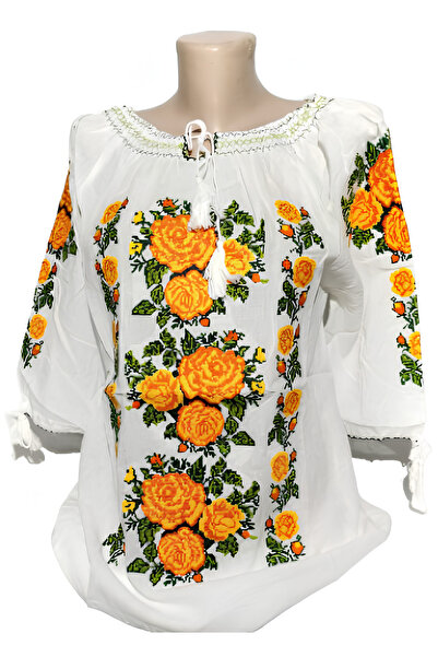 Inovius Ie Traditionala Alba cu Motiv Floral Galben de Dama - IMS15 XXL