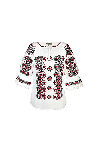 Inovius Bluza Tip Ie Traditionala Alba cu Motiv Geometric Multicolor de Dama ...