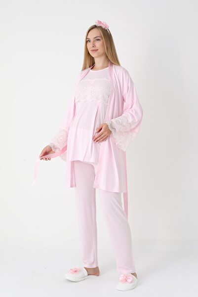 BLACKMORE Women's Powder Special Lace Design Cotton Winter Maternity Pajamas Set with Dressing Gown 3' Pajama Set