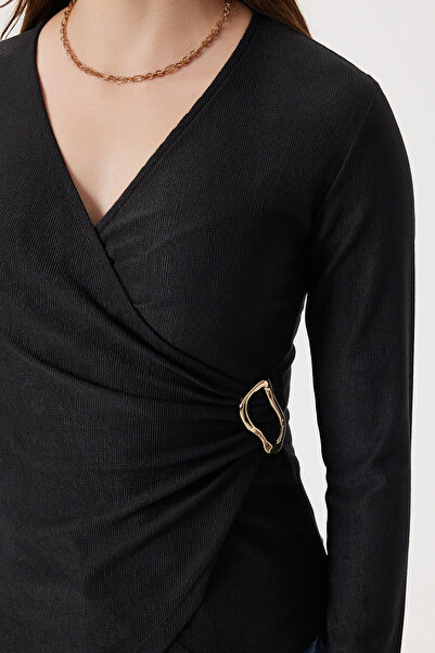 Lovelyİstanbul Double-Breasted Collar Gold Accessory Knitted Blouse Lfw0015 Black