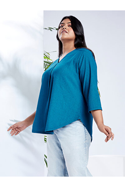 Globus By Styli Plus Size Blue Textured V-Neck Top