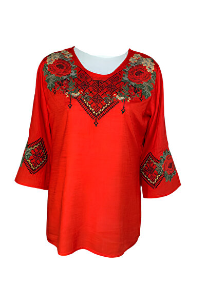 Inovius Bluza Traditionala Rosie cu Motiv Floral Rosu - BMG98 M