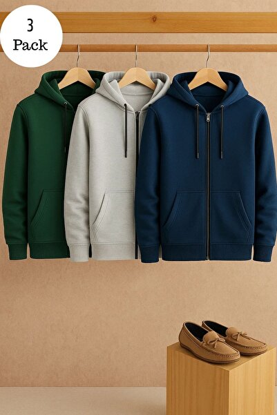 DAMGA JEANS Men's Casual Zippered Hooded 3-Piece Sweatshirt