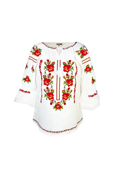 Inovius Bluza Tip Ie Traditionala Alba cu Motiv Floral Rosu de Dama - IMS131 S