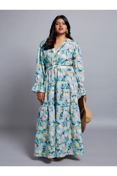 Globus By Styli Plus Size Blue Floral Print Maxi Dress