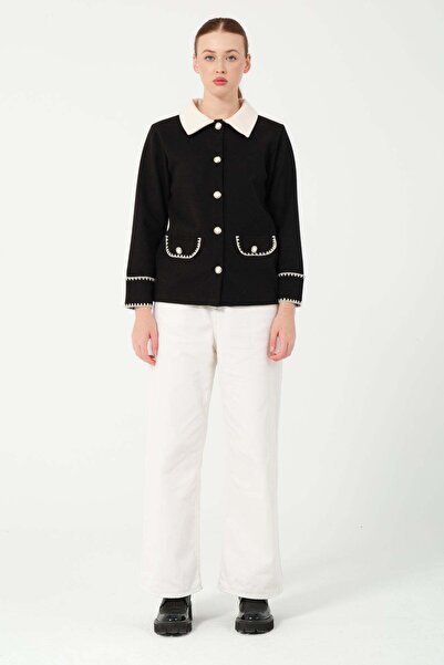 Hatun Atila Hatunatila Crochet Shirt Collar Pocket Detail Look Cashmere Jacket 7859 Black