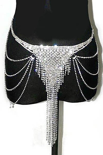 TAKIŞTIR Gümüş Renk Taşlı Bel Zinciri