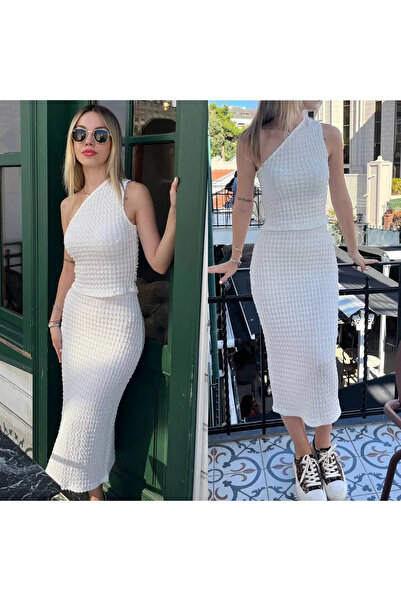 bysoca Kadın Beyaz Yüksek Bel Yırtmaçlı Beli Lastikli Gofre Dokulu Vücudu Saran Midi Kalem Etek