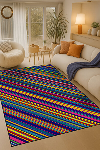 Rugs Modern Halı MOSSO Πολύχρωμο Δημιουργικό Υφαντό Χαλί με Ριγέ Σχέδιο και Μ...