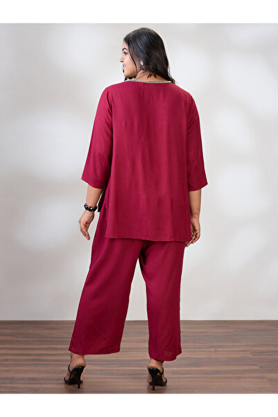 Globus By Styli Plus Size Women Maroon Top and Trousers Co-Ords