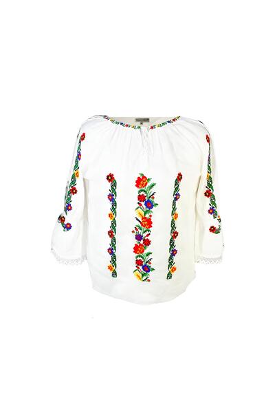 Inovius Bluza Tip Ie Traditionala Alba cu Motiv Floral Multicolor de Dama - I...