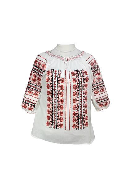 Inovius Bluza Tip Ie Traditionala Alba cu Motiv Geometric Rosu de Dama - IMS1...