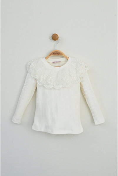 zubi baby & kids wear Kız Çocuk Krem Rengi Fitilli Örme Dantel Yaka Uzun Koll...