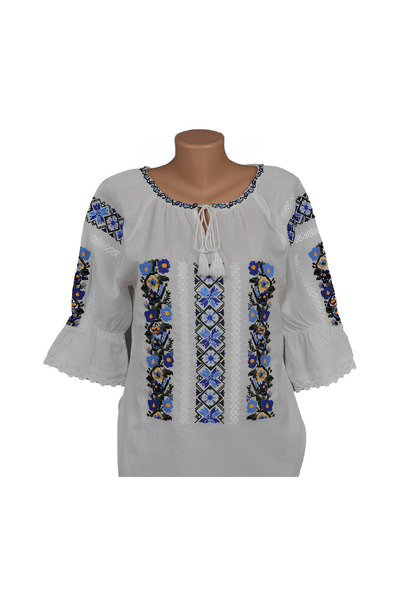 Inovius Bluza Tip Ie Traditionala Alba cu Motiv Floral Albastru de Dama - IMS...