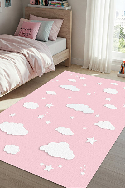 The Reef Design Pembe Bulutlu Kız Çocuk Odası Halısı Dijital Baskılı Dokuma K...