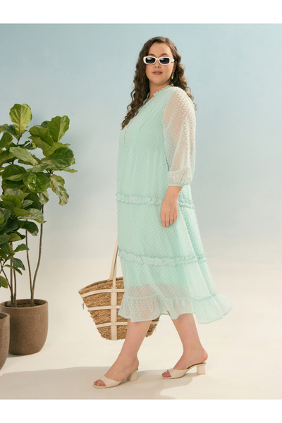 Sassafras By Styli Plus Size Dobby Buttoned Tiered Midi Dress