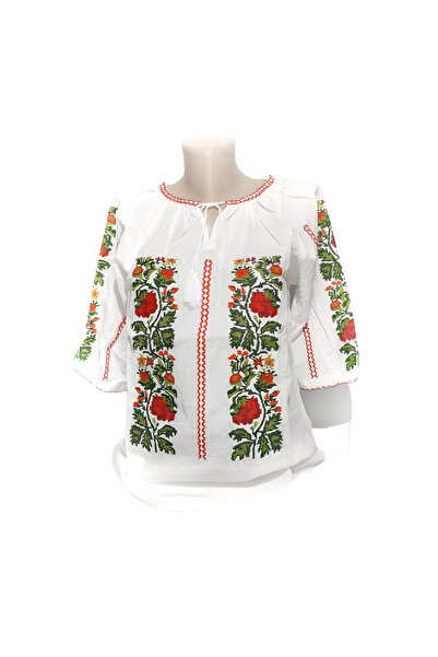 Inovius Bluza Tip Ie Traditionala Alba cu Motiv Floral Rosu de Dama - IMS81 XL