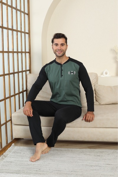 LİLA İÇ GİYİM Men's Combed Cotton Pocketed Pajama Set - Green